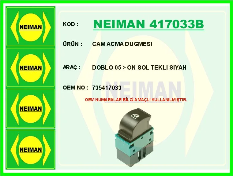Cam Açma Düğmesi DOBLO 2005 Ön Sol Teklı Siyah