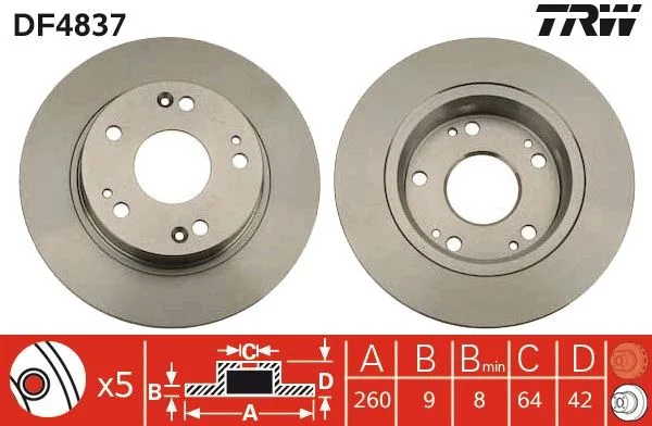 Arka Fren Diski Dolu Tip Honda Civic 1.6L R16A2 VTEC Sedan FD6 FB7 Kasa 2006-2015 1.8L R18A VTEC H Atchback FK2 Kasa 2006 / 1.4L L13Z1 Sport FK1 Kasa 2009 260 Çap X 5 Bijon - Takım Disk Fiyatıd