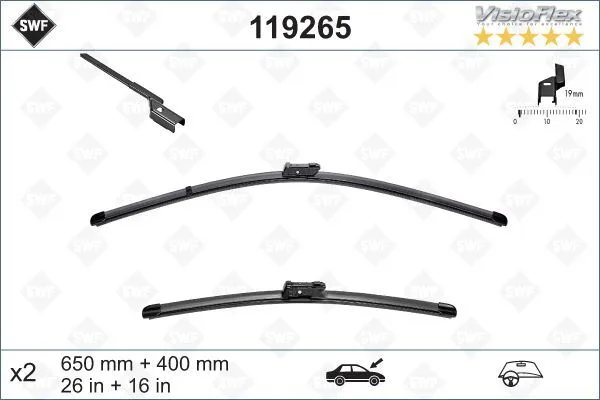 Ön Silecek Süpürge Takimi Opel Adam 2012-2019 Peugeot PARTNER 2008 P208 P2008 03 2012-2019 Citroen BERLINGO 0 8> C3 2016 Fiat Egea 2016 Fiesta 2009-2017 650 400 SWF Visioflex Flat Blade X2 650 400 MM