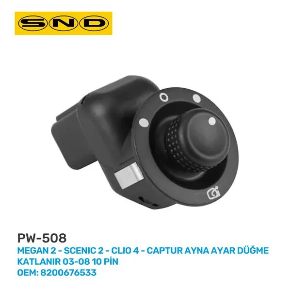 Megan 2 Scenic 2-CLIO 4-Captur Ayna Ayar Düğ. Katlanır 2003-2008 10 Pin OEM: 8200676533