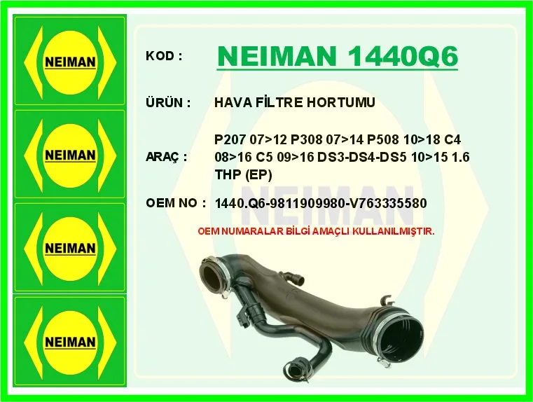Hava Filtre Hortumu P207 2007-2012 P308 2007-2014 P508 2010-2018 C4 2008-2016 C5 2009-2016 DS3-DS4-DS5 2010-2015 1.6 THP EP6DT