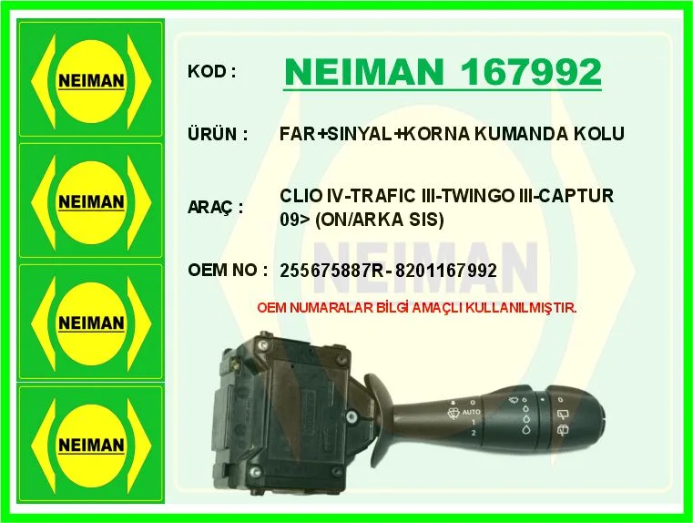 Far Sinyal Korna Kumanda Kolu Clio 4 - TRAFIC 3 - Twingo 3 - Captur 2009 On / Arka Sis