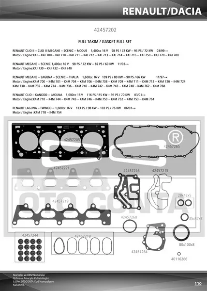 Motor Takım Contası Megane - Clio - Logan - Logan 1.4-1.6 16V K4J - K4M Keçeli Subap Lastikli