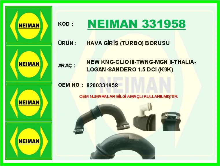 Hava Giriş Turbo Borusu Kangoo 2 2008 Clio 3 2005 Megane 2 2002-2008 Thalia 2008 Logan 2006 Sandero 2008 Duster 2010 1.5 DCI K9K