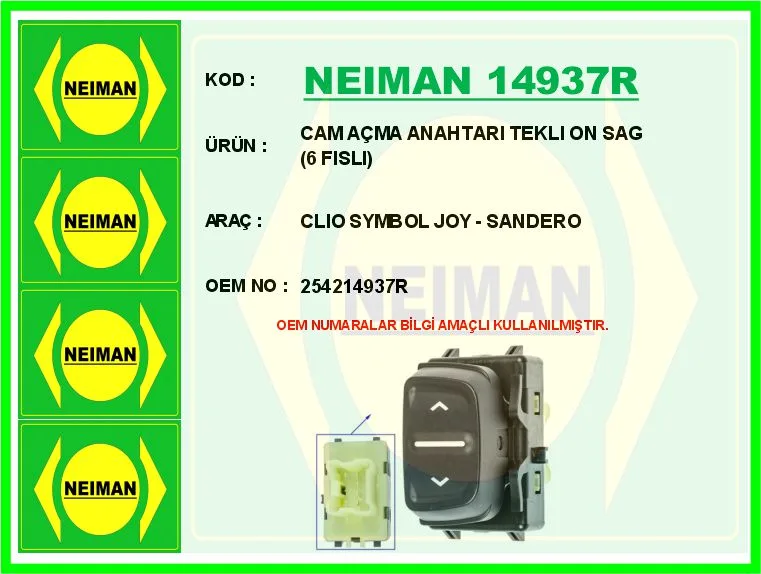 Cam Açma Anahtari Ön Tekli Renault Dacia Logan 2 2012 Sandero 2 2012 6 Fişli