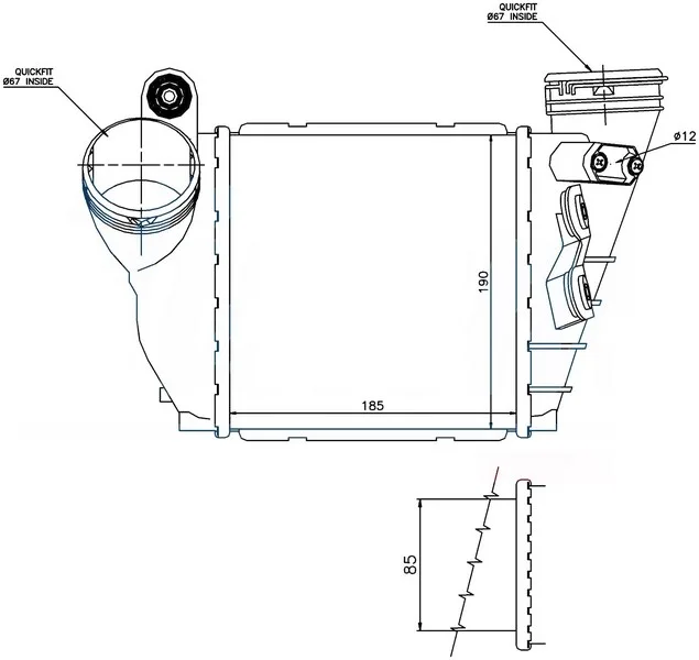 İntercooler Brazing İntercooler A / M 185X190X85 Golf 4 1997 Bora 1996 Toledo 1998 Leon 99>1.9TDI 96487