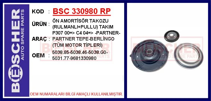 Ön Amortisör Takozu Rulmanli Pullu Takım P307 2000 C4 2004 - PARTNER - PARTNER Tepe - BERLINGO Tüm Mot (2 Adet)