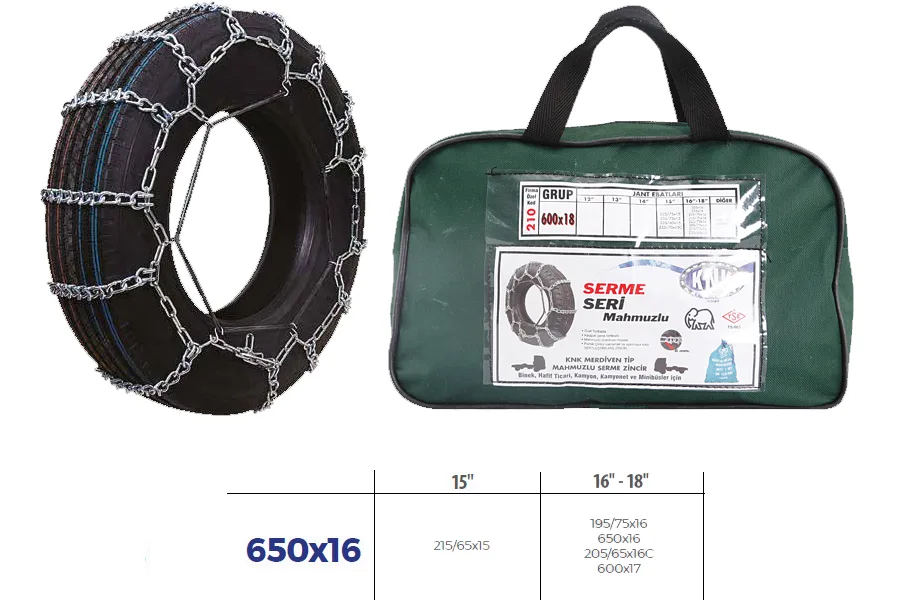 Patinaj Zinciri Minibüs ve Kamyonet Serme 650X16 Zincir Ebatları İçin Resime Bakınız