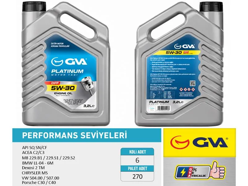Motor Yağı 5W30 3.2 LT Platınum Partiküllü - DPF Tam Sentetik API SQ SN / CF (6 Adet)