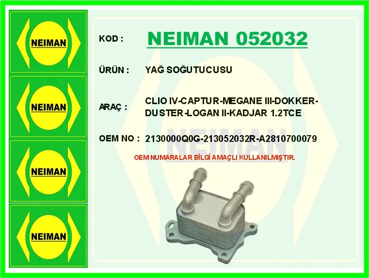 Yağ Soğutucusu Radyatörü Renault Clio 4 2012 Captur 2012 Megane 4 2016 Kadjar 2015 Dacia DOKKER 2012 Du Ster 2012 0.9 Tce 1.2 Tce