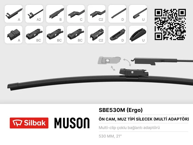 Silecek Süpürgesi Muz Tipi 530MM A. BC.C2.D ve U Tipi Kollar Icın Multi Adaptorlü