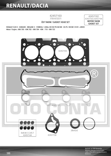 Motor Takım Conta Megane 2 2002 Clio 2 1998 Scenic 2 2003 Kangoo 2001 Clio Symbol 1 2001-2009 Micra 3 K12 2003-2010 1.5DCİ K9K Teflon Keçeli Subap Lastikli SKC Li