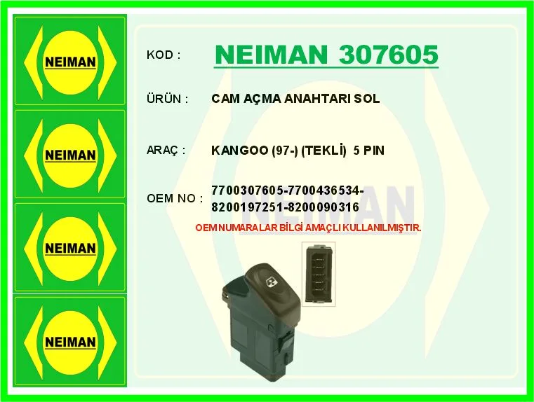 Cam Açma Anahtari Sol Renault Kangoo 1997 Tekli 5 Pin