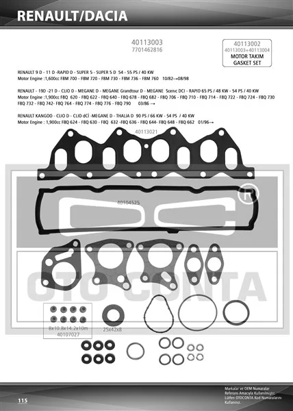 Üst Takım Contası Kangoo - R19-Megane - Scenic 1.9 DZL. Keçeli Subap Lastikli SKC Siz