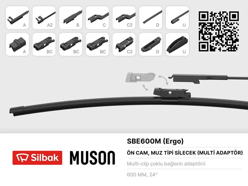 Silecek Süpürgesi Muz Tipi 600MM A. BC.C2.D ve U Tipi Kollar Icın Multi Adaptorlü