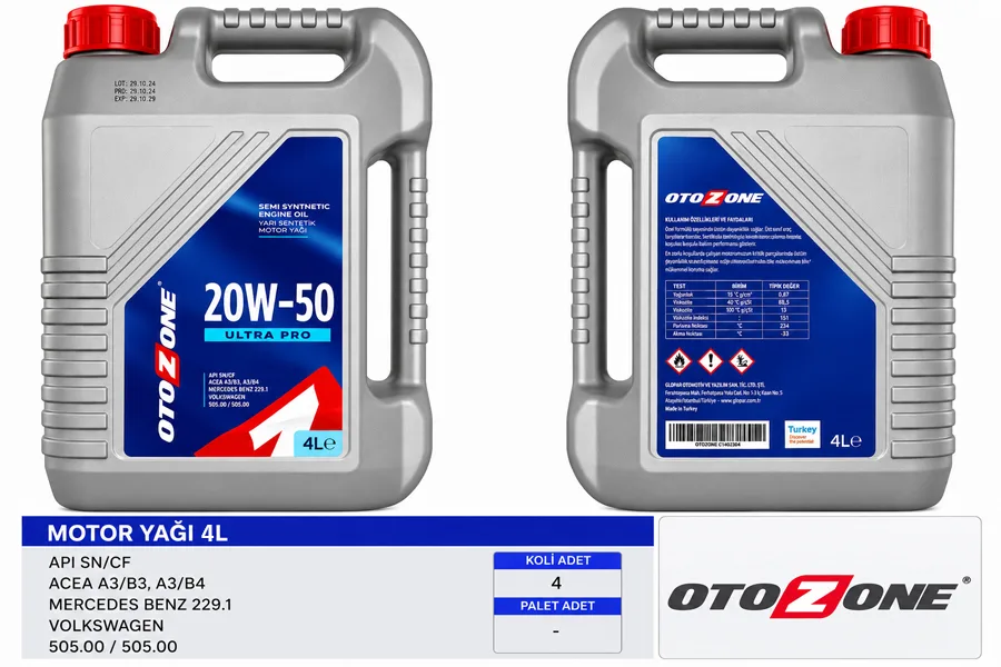 Motor Yağı 20W50 4 LT Ultra Yarı Sentetik Mineral API SL / CF (4 Adet)