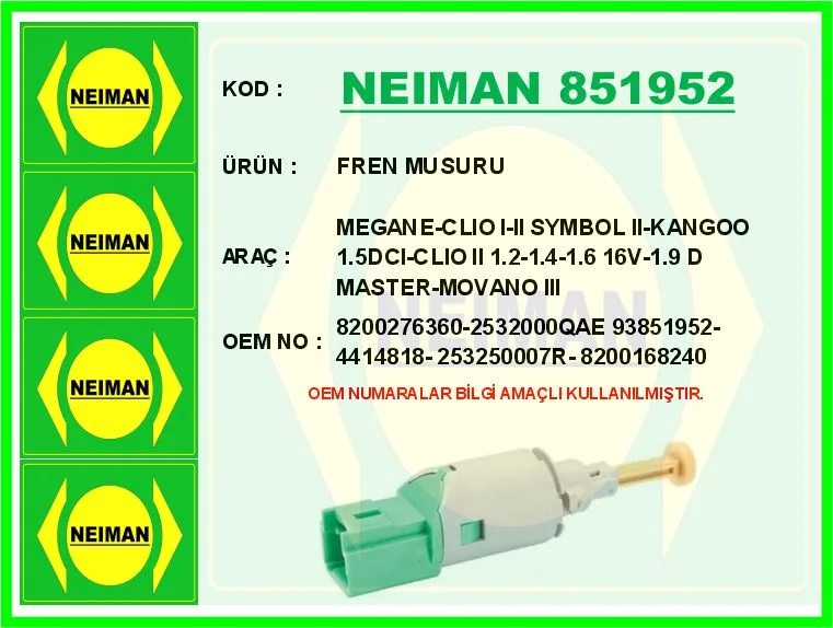 Fren Müşürü Megane - Clio 1 - 2 Symbol 2 - Kangoo 1.5DCI - Clio 2 1.2-1.4-1.6 16V-1.9D MASTER - MOVANO 3
