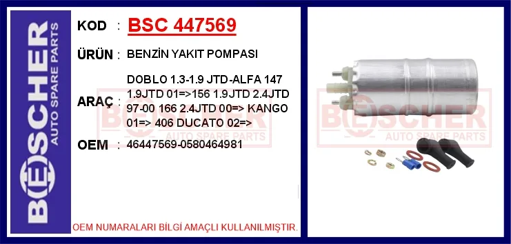 Benzin Yakit Pompasi DOBLO 1.3-1.9 JTD - Alfa 147 1.9JTD 01 >156 1.9JTD 2.4JTD 1997-2000 166 2.4JTD 2000 K
