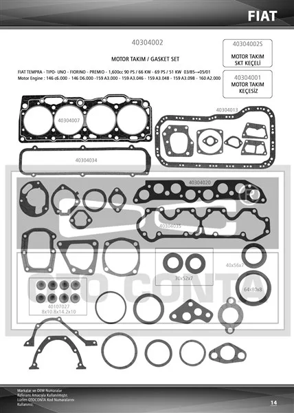 Motor Takım Contası SLX TIPO Tempra 304001 Keçeli Subap Lastikli