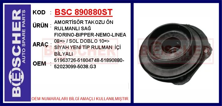 Amortisör Takozu Ön Rulmanli Sağ FIORINO - Bipper - NEMO - Linea 2008 / Sol DOBLO 2010 Siyah Yeni SN