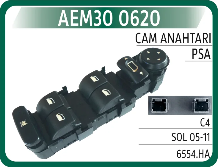 Cam Açma Anahtari Citroen C4 Sol 2004-2011 Dörtlü - Ayna Ayarlı Çerçevesiz