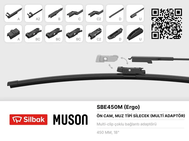 Silecek Süpürgesi Muz Tipi 450MM A. BC.C2.D ve U Tipi Kollar Icın Multi Adaptorlü