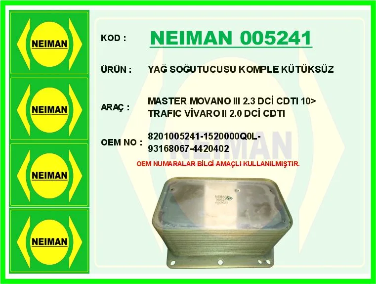 Yağ Soğutucusu Komple Kütüksüz MASTER MOVANO 3 2.3 DCİ CDTI 2010 TRAFIC VIVARO 2 2.0 DCİ CDTI