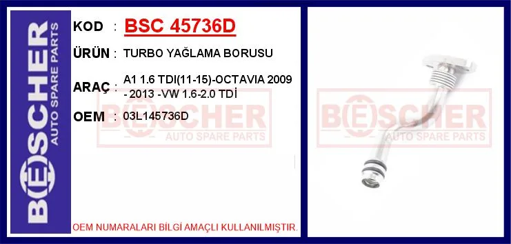 Turbo Yağlama Borusu VW - Skoda - Seat - Audi - Tiguan - Passat - CADDY - Superb - Q3-A3 2004 Caya - Cayb - CFHD - CFHB - CF FE - Clca - CLJA-1.6-2.0 TDİ