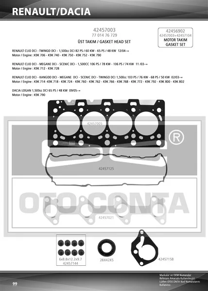 Üst Takım Contası Megane 2 2002 Clio 2 2002 Clio 3 2005 Logan 2004 Sandero 2008 Note 2006-2011 E11 Micra 3 2005-2010 Suzuki Jimny 2003 1.5 DCI K9K Teflon Keçeli Sub.Las