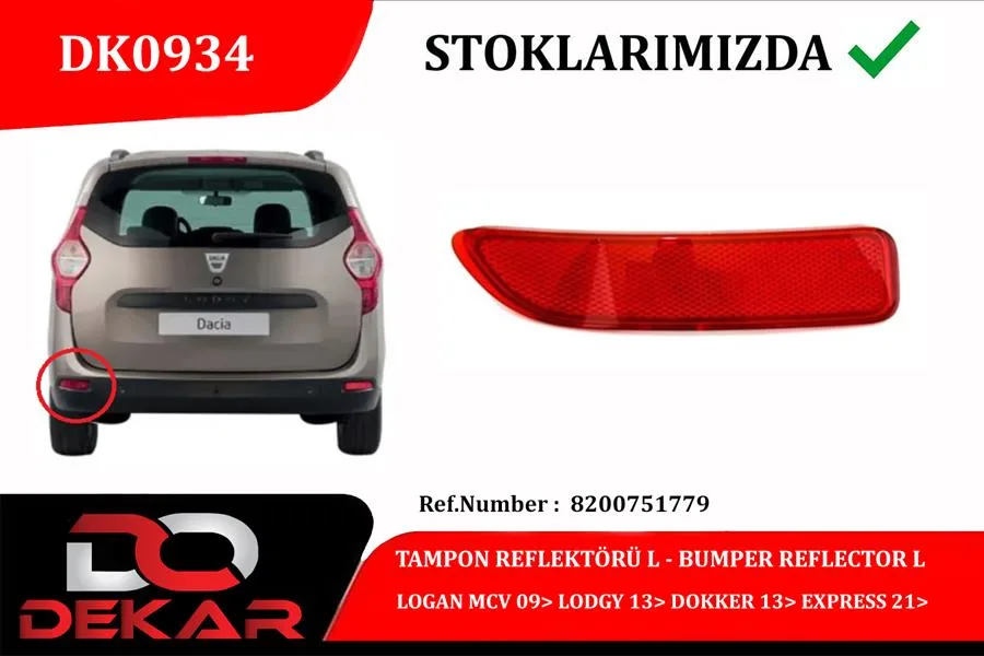 Arka Tampon Reflektoru Sol Logan MCV 2009 Lodgy 2013 DOKKER 2013 Express 2021