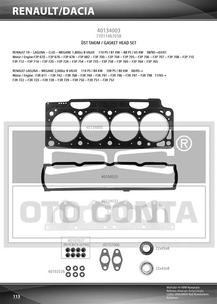 Üst Takım Conta Clio 1 1991 1.8 Laguna - Megane 1 1995 1.8-2.0 F3P 710/F3P 714 Keçeli SKC STD Subap Lastikli