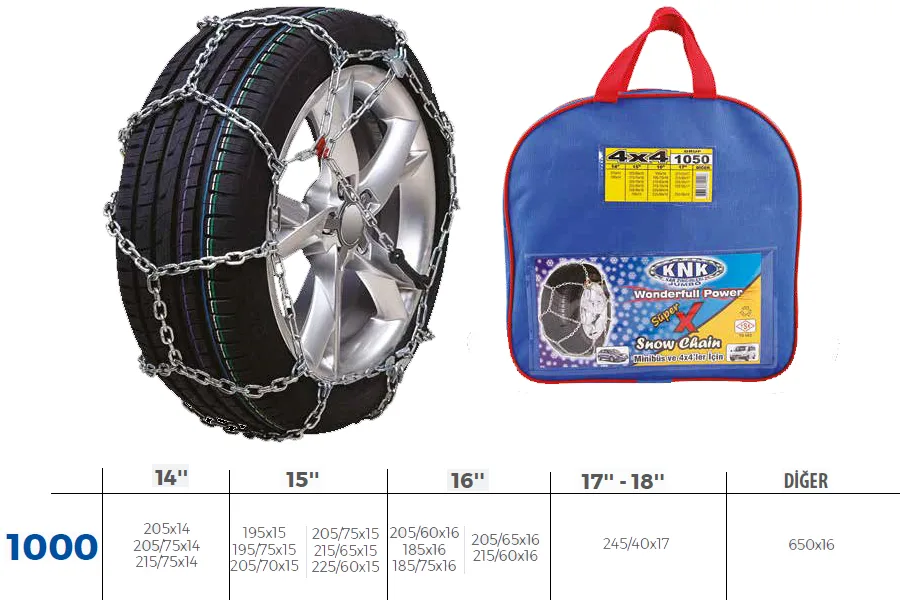 Patinaj Zinciri 4X4 Jeep - Minibüs ve Hafif Tic.araç Zincir Ebatları İçin Resime Bakınız